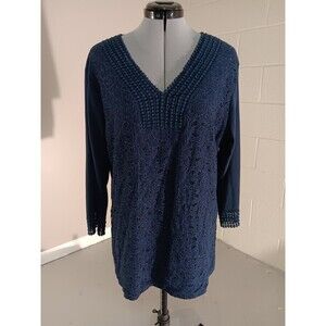 Shannon Ford New York Womens Blue Lace Pullover 3/4 Sleeve V Neck Blouse Size 1X
